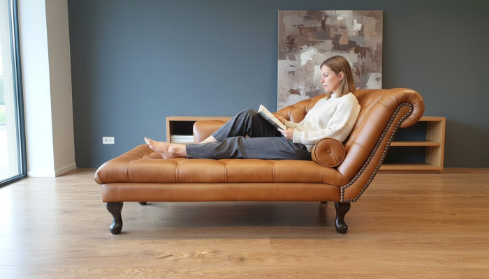 Chesterfield Chaise Longue Ottoman Sofa Real Leather Relaxing Chaise New