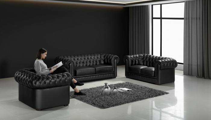 Black Chesterfield Sofas 3+2+1 Set Upholstered Designer Sofa Suite