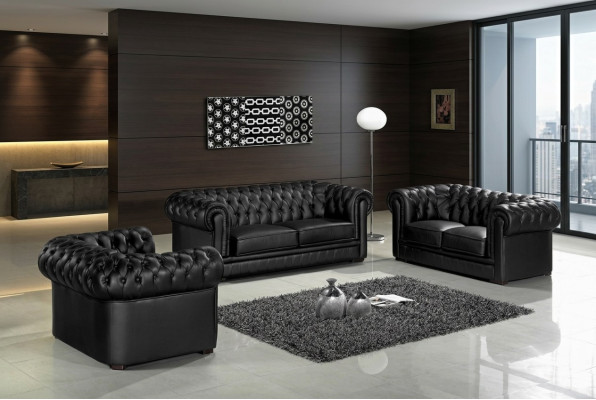 Black Chesterfield Sofas 3+2+1 Set Upholstered Designer Sofa Suite
