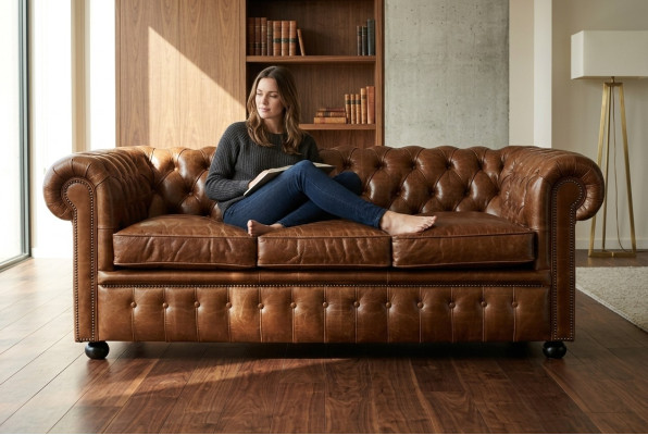 Brown leather Chesterfield three-seater luxury living room couch