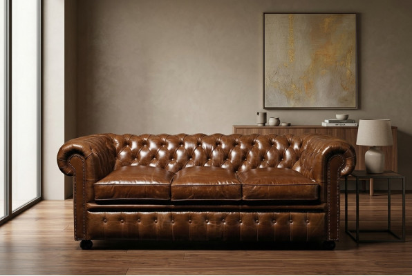 Brown leather Chesterfield three-seater luxury living room couch