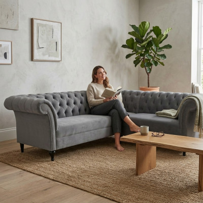 Gray Chesterfield Corner Sofa L-Shaped Designer Velvet Sofa