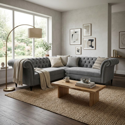Gray Chesterfield Corner Sofa L-Shaped Designer Velvet Sofa