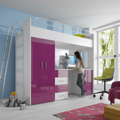 BUNK BED LOFT BED WITH DESK + WARDROBE - RAJ 4D PURPLE