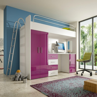 BUNK BED LOFT BED WITH DESK + WARDROBE - RAJ 4D PURPLE