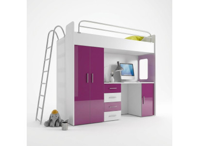BUNK BED LOFT BED WITH DESK + WARDROBE - RAJ 4D PURPLE
