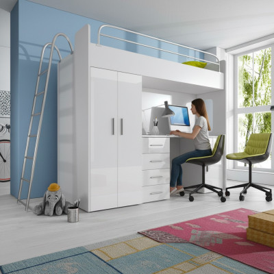 BUNK BED LOFT BED BUNK BED WITH DESK + WARDROBE - RAJ 4D WHITE