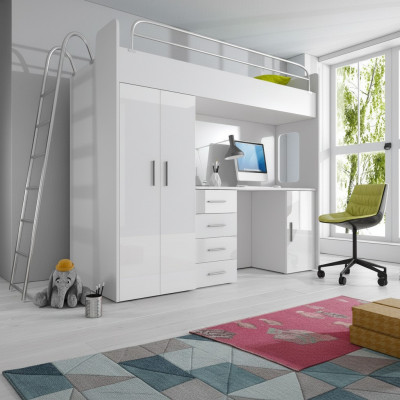 BUNK BED LOFT BED BUNK BED WITH DESK + WARDROBE - RAJ 4D WHITE