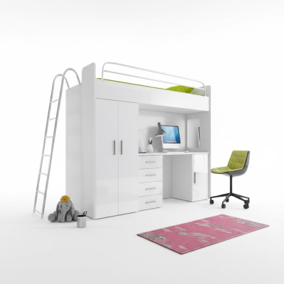 BUNK BED LOFT BED BUNK BED WITH DESK + WARDROBE - RAJ 4D WHITE