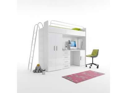 BUNK BED LOFT BED BUNK BED WITH DESK + WARDROBE - RAJ 4D WHITE