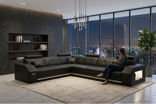 Sectional leather sofa couch upholstery seating corner suite living landscape Ebern S