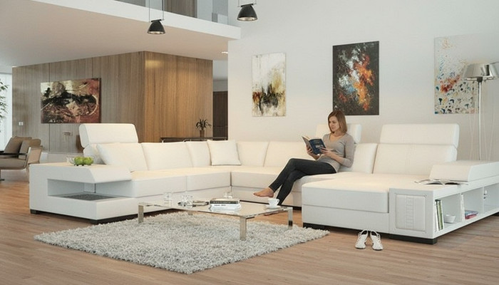 Snow-white designer corner sofa in U-shape for luxurious living ambiance