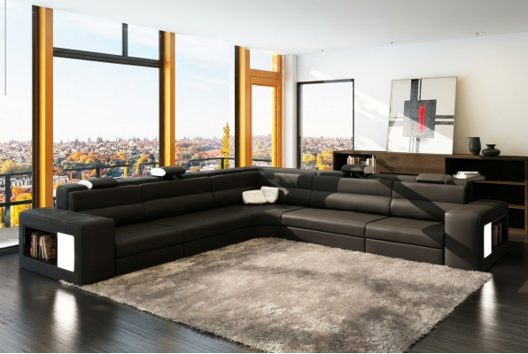 Leather sofa couch corner sofa seat upholstery living landscape XXL Big Weiden Black