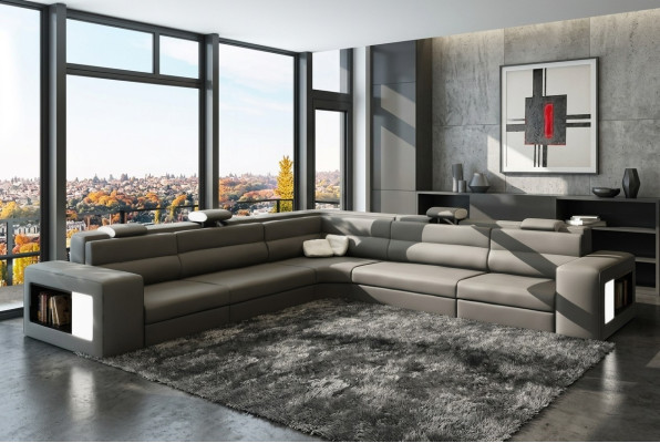 Leather sofa couch corner sofa seating upholstery living landscape XXL big wedges gray