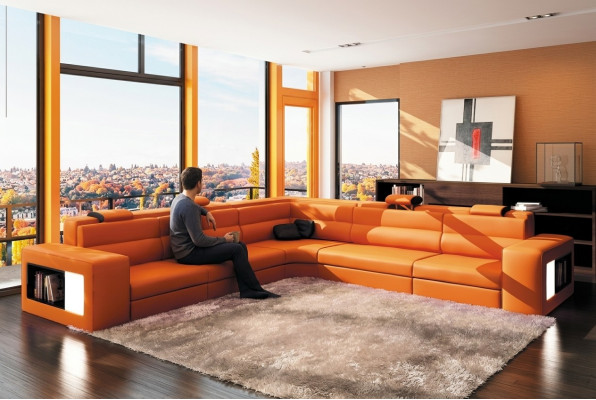 Leather sofa, sofa, couch, corner sofa, seat, cushion, living landscape, XXL, big, willow orange
