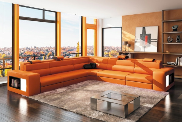 Leather sofa, sofa, couch, corner sofa, seat, cushion, living landscape, XXL, big, willow orange