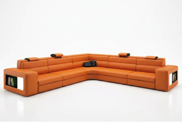 Leather sofa, sofa, couch, corner sofa, seat, cushion, living landscape, XXL, big, willow orange