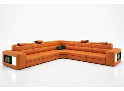 Leather sofa, sofa, couch, corner sofa, seat, cushion, living landscape, XXL, big, willow orange