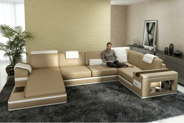 Sectional sofa couch upholstery leather suite living landscape corner living room beige