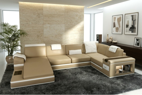 Sectional sofa couch upholstery leather suite living landscape corner living room beige