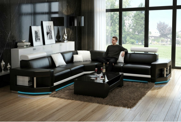 Leather sofa, modern couch, living area, corner sofa, suite, decor design.
