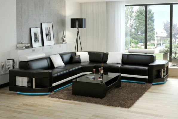 Leather sofa, modern couch, living area, corner sofa, suite, decor design.