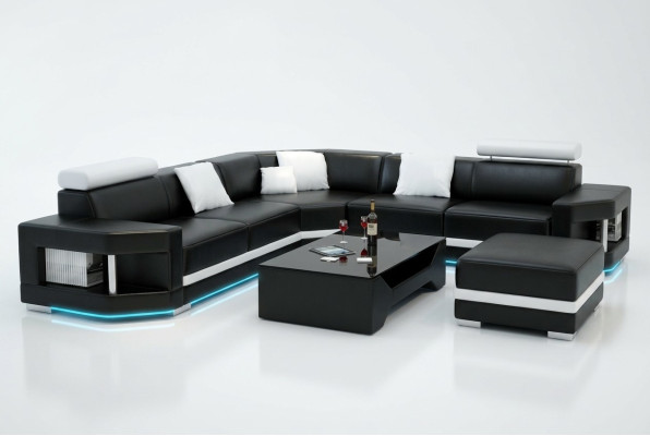 Leather sofa, modern couch, living area, corner sofa, suite, decor design.
