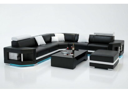 Leather sofa, modern couch, living area, corner sofa, suite, decor design.