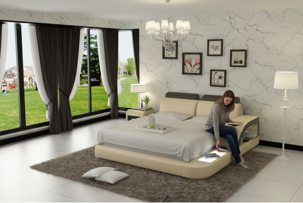 Luxury Bed Lighting Leather Bed Beds Sofa Big Double Upholstered 140/160/180 cm