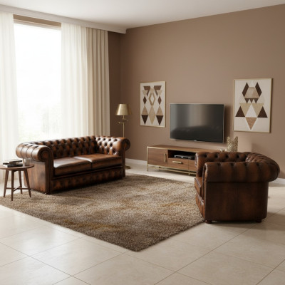 Chesterfield Decor Sofa Couch Upholstery Leather Textile Sofa Set 2+1 Upholstery