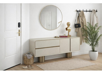 Modernes Beiges Sideboard Exklusiver Spiegel Anrichte Holz Möbel