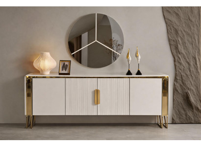 Elegante Konsole mit rundem Spiegel in Weiß und Goldoptik Design