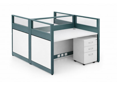 Modularer Büroarbeitsplatz mit Sichtschutz und Rollcontainer Set