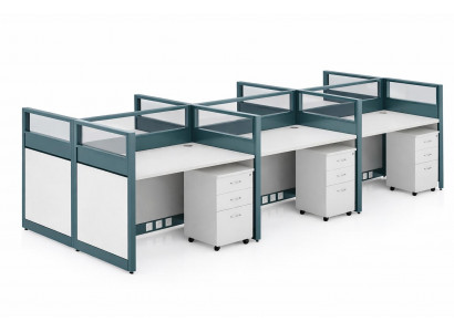 Modulares Bürotisch-System für 3 Arbeitsplätze mit Glasaufsatz