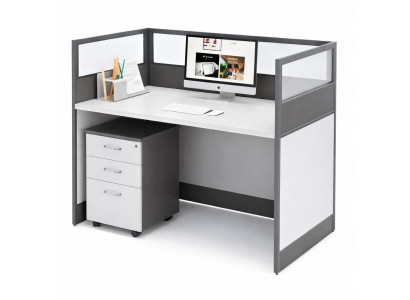 Moderner Bürotisch mit Sichtschutz und Glasaufsatz in Grau-Weiß