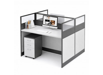 Moderner Bürotisch mit Sichtschutz und Glasaufsatzsystem in Grau