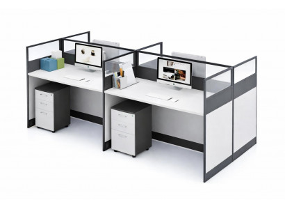 Moderner Bürotisch Doppelarbeitsplatz mit Sichtschutz und Glasaufsatz