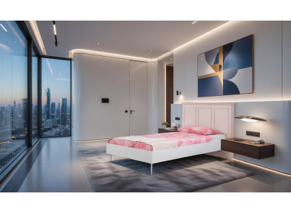 Bett mit rosa Kopfteil und Holzrahmen für modernes Schlafzimmer