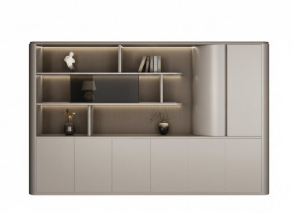 Moderner Büroschrank mit offenen Regalen und eleganter Beleuchtung