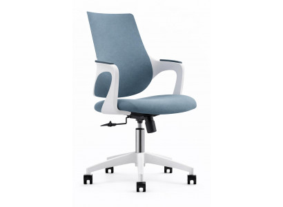 Moderner Bürostuhl mit blauer Polsterung und weißem Kunststoffrahmen