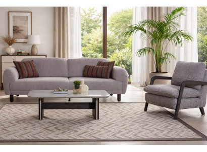 Moderne Graue Sofagarnitur Polstercouch Textilsessel Holz Couchtisch