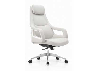 Ergonomischer Chefsessel mit weißem Lederbezug und Aluminiumgestell