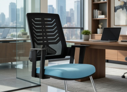 Bürostuhl in Blau mit atmungsaktiver Rückenlehne und robustem Gestell