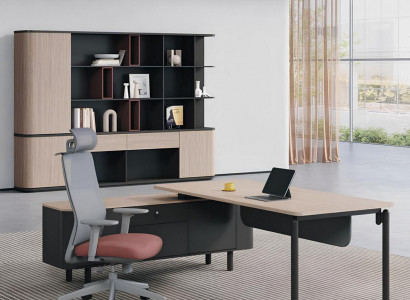 Elegantes Modernes Büro Set Robuster Schreibtisch Holz Bücherregal