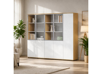 Stilvolles Bücherregal aus Holz mit transparenten Glasregalen