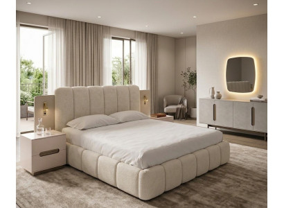 Modernes beiges Schlafzimmer-Set weiches Bett Nachttische Konsole Spiegel