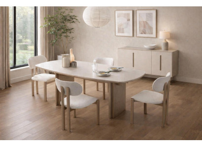 Moderne beigefarbene Esszimmergarnitur  Esstisch gepolsterte Stühle 5 tlg