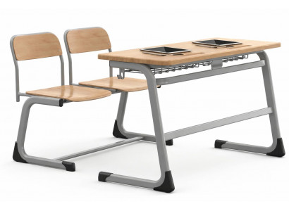 Schulbank mit praktischem Doppelstuhl und Ablage im edlen Holzdesign
