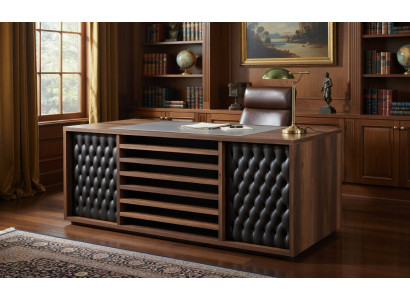 Modernes Büro Schreibtisch mit Lederfront und Holzregalen
