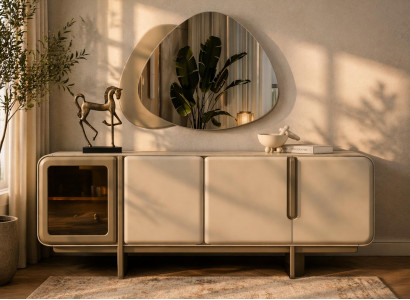 Beige Stilvolle Anrichte Luxuriöses Wohnzimmer Holz Sideboard Möbel